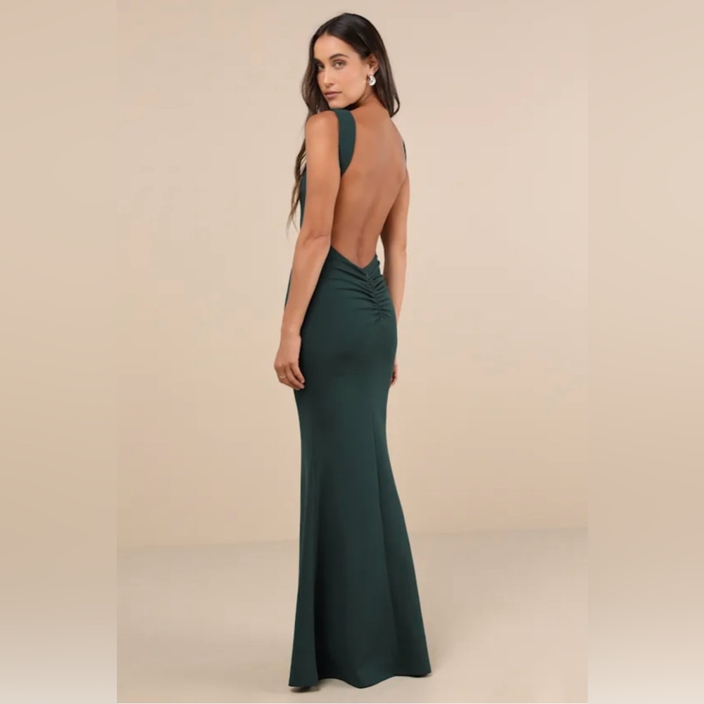 Lulus Alluring Temptation Emerald Backless
Ruched Mermaid Maxi Dress